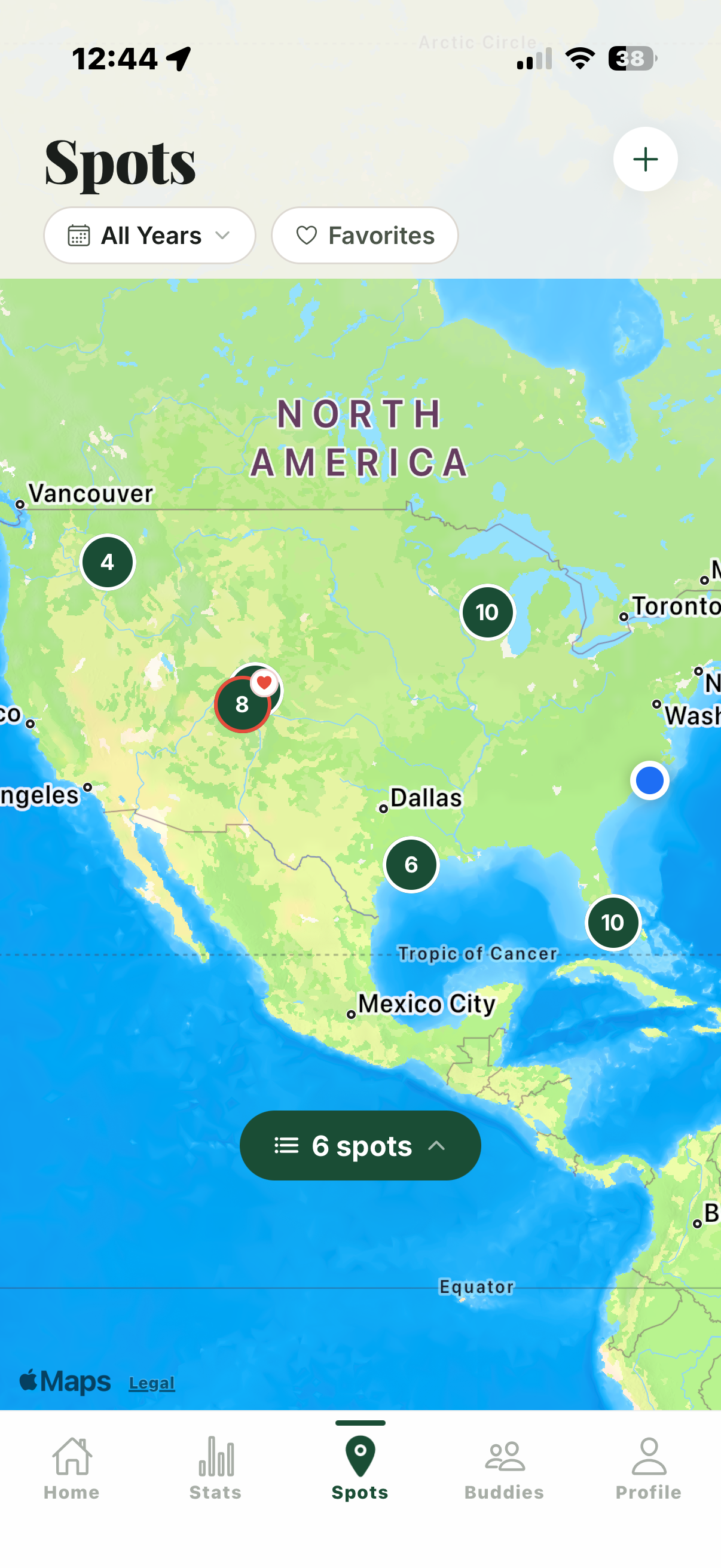 Saved fishing spots on a map